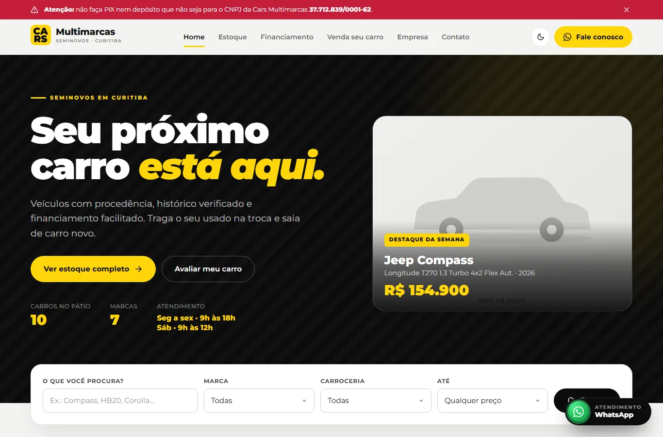 Página inicial do site da Cars Multimarcas